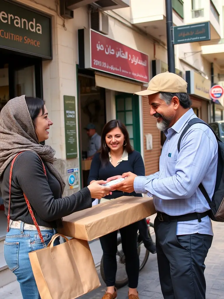 A customer handing cash to a Veranda Lounge & Cultural Space delivery person in Nablus, Palestine, with a friendly exchange.