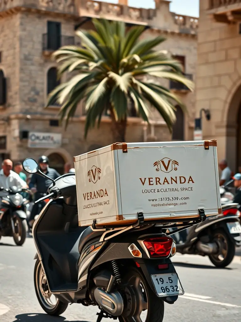 A delivery scooter with a Veranda Lounge & Cultural Space branded delivery box attached, navigating the streets of Nablus, Palestine, during daytime.