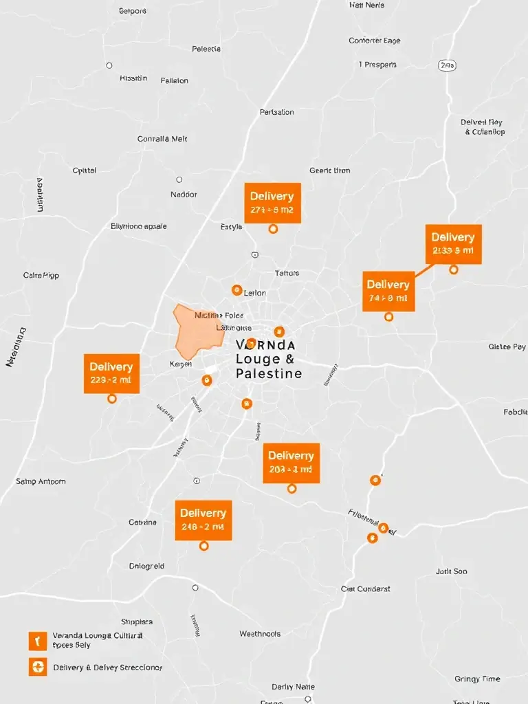 A map of Nablus, Palestine, highlighting the delivery zones covered by Veranda Lounge & Cultural Space, with estimated delivery times indicated.